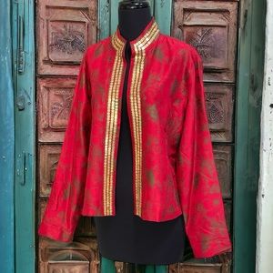 Chico’s Red Antique Gold Silk Blazer Sz 2 (L/12) Mandarin Collar Gold Sequins